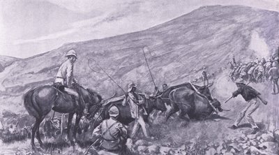 バーバートンでの輸送の難しさ：銃とワゴンが山に登った方法、イラスト（プレトリア後：ゲリラ戦争、1902年） 作： A. C. Ball