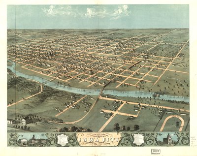 アイオワ州ジョンソン郡アイオワ・シティの鳥瞰図（1868年）。LOC 73693398 作： A; Chicago Lithographing Co. Ruger
