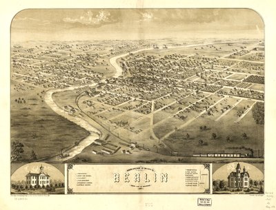 1867年、ウィスコンシン州グリーンレイク、ベルリンの鳥瞰図。LOC 73694536 作： A; Chicago Lithographing Co. Ruger