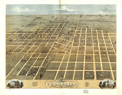 1869年、イリノイ州シャンペーン郡、シャンペーン市の鳥瞰図。LOC 73693348 作： A; Chicago Lithographing Co. Ruger
