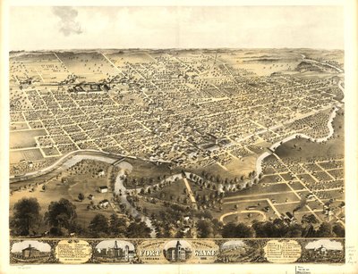 1868年、インディアナ州フォートウェイン市の鳥瞰図。LOC 73693381 作： A; Chicago Lithographing Co. Ruger