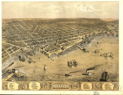 マスキーゴン市の鳥瞰図、1868 年ミシガン州マスキーゴン社。 作： A.; Chicago Lithographing Co. Ruger