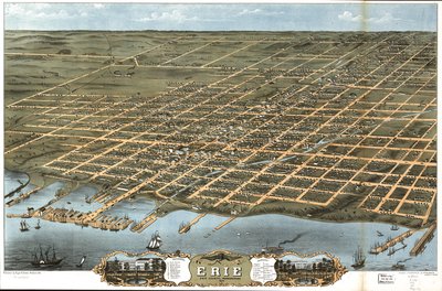 1870 年、ペンシルベニア州エリー郡エリー市の鳥瞰図。 作： A. Chicago Lithographing Co. Ruger and Stoner Ruger