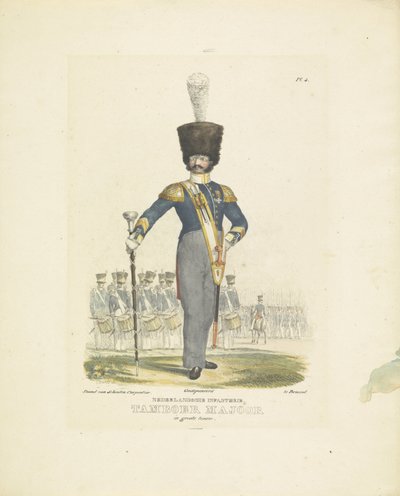 制服姿の太鼓長 正装したドラムメジャー、1820-1825 オランダ歩兵。 正装の太鼓長（オブジェクト上のタイトル） オランダ王国の軍服。 ウィレム・ヴァン・バイラント閣下に捧げる（セリ 作： A. Courtois