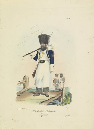 サッパー、1820-1825 オランダ歩兵。 Sapeur (オブジェクトのタイトル) オランダ王国の軍服。 ウィレム・ヴァン・バイランド閣下に捧げる (オブジェクトのシリーズタイトル) 作： A. Courtois