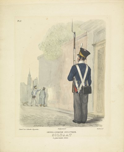駐屯地の兵士、1820-1825 オランダ歩兵。 ガーニスの制服を着た兵士 (オブジェクトのタイトル) オランダ王国の軍服。 ウィレム・ヴァン・バイランド閣下に捧げる (オブジェクトのシリーズタイトル) 作： A. Courtois