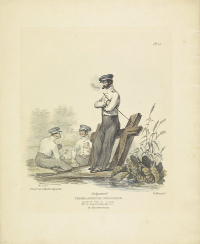兵舎のドレスを着た兵士、1820～1825年 オランダ歩兵。 兵舎の衣装を着た兵士 (オブジェクトのタイトル) オランダ王国の軍服。 ウィレム・ヴァン・バイランド閣下に捧げる (オブジェクトのシリーズタイトル) 作： A. Courtois