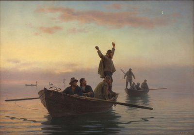 流し網を使った角魚釣り。 朝早く 作： A. Dorph