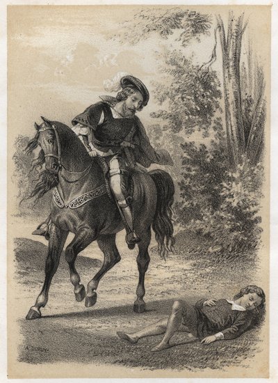 ジャック・アミヨ（1513-1593）は、10歳の時に旅人に助けられました。J.B.Maigrotの "Illustrations litteraires de la France; or, Galerie anecdotique de nos principaux auteurs ints par leurs actions et leurs inscriptions "に掲載されたA.Duruyのエングレーヴィング。1865. 作： A. Duruy