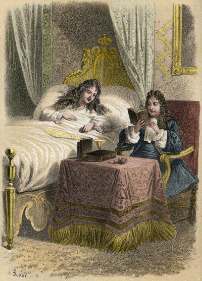 フランス王ルイ14世は、ジャン・ラシーヌの朗読を聞くのが好きで、病気の時には彼を連れてきたという。A.Duruyによる「Illustrations litteraires de la France; or, Galerie anecdotique de nos principaux auteurs ints par leurs actions and leurs inscriptions」の中の版画。 作： A. Duruy