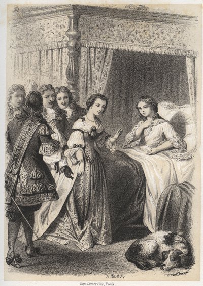 デシュリエール夫人、アントワネット・リジェ・ド・ラ・ガルド（1637-1694）は、幽霊の恐怖に包まれた夜を過ごした後、側近たちの質問に圧倒されている。A.Duruyによる「Illustrations litteraires de la France; or Galerie anecdotique de nos prur」に掲載された図版。 作： A. Duruy