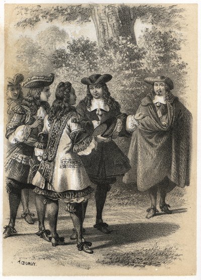 ジャン・ラシーヌ（1639-1699）とピエール・コルネイユ（1606-1684）がパリで出会った。J.B.の "Illustrations litteraires de la France; or, Galerie anecdotique de nos principaux auteurs ints par leurs actions et leurs inscriptions "に掲載されたA.Duruyのエングレーヴィング。 作： A. Duruy