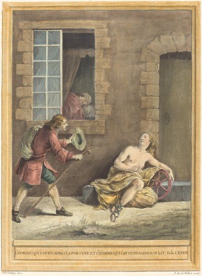 運命を求める男とベッドで眠る男 作： A. J. de Fehrt after Jean Baptiste Oudry