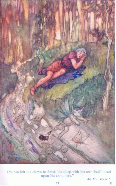 オベロンは、道化師が愚かな頭を肩に乗せて眠りにつくのを見送った（『真夏の夜の夢』）、『Tales from Shakespeare』（Ward Lock & Co Ltd. 出版）より 作： A. Jackson