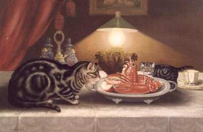 ネコとロブスターの静物画 作： A. Jackson