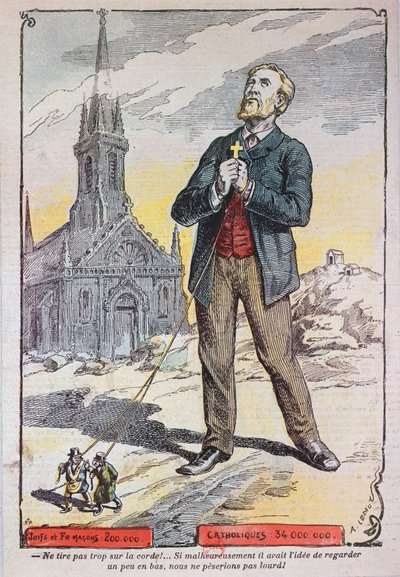 カトリックの雑誌「ル・ペラン」の風刺画。20世紀初頭のフランス政府の法化政策、1902-05年頃を参照。 作： A Lemot