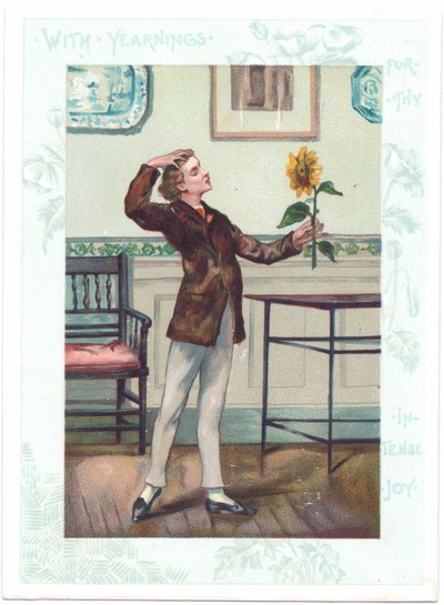 The flower gazer ビクトリア朝時代のグリーティングカード 恍惚の中でヒマワリを愛でる美学者 1881年頃（カラーリトグラフ版 作： A. Ludovici