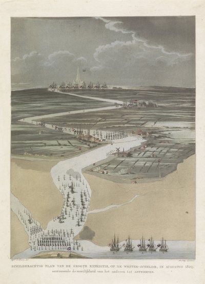 イギリスのアントワープ遠征、1809年 1809 年 8 月の西スヘルデでの大遠征の絵のように美しい計画。 作： A. Lutz