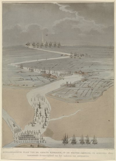 イギリス、オランダ、フランスの艦隊がいる西スヘルデ川の鳥瞰図、1809 年 1809 年 8 月のスヘルデ西部の大遠征の絵のように美しい計画 (オブジェクトのタイトル) 作： A. Lutz