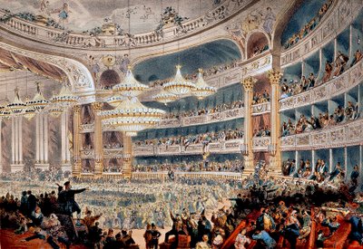 1850年頃のパリ、ル・ペルティエ通りのオペラ座での舞踏会 - A Provostによるエングレーヴィング 作： A Provost