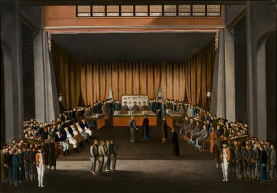 1807年4月9日、カントンの英国工場のホールにある中国の司法裁判所、1810年頃（紙に油彩） 作： A. Roland Knight
