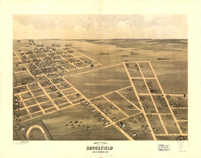 1869年、ミズーリ州リン郡ブルックフィールドの鳥瞰図。LOC 73693470 作： A. Ruger