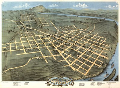 テネシー州ハミルトン郡チャタヌーガ市の鳥瞰図、1871 年。 作： A. Ruger