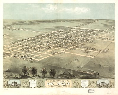 1868年、アイオワ州クリントン郡デ・ウィット市の鳥瞰図。LOC 73693396 作： A. Ruger