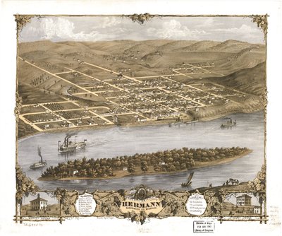 1869年、ミズーリ州ガスコネード郡ハーマン市の鳥瞰図。LOC 73693476 作： A.ルガー