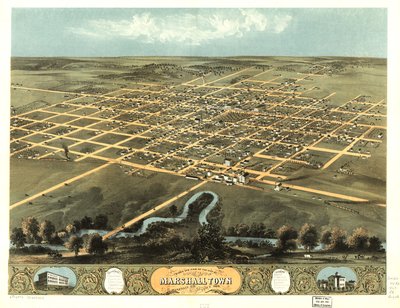 アイオワ州マーシャルタウン市の鳥瞰図（1868年）。LOC 73693402 作： A. Ruger
