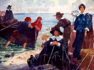 1620年、1905年、亡命者のバンドが、ニューイングランドの野生の海岸で樹皮を刈り取りました。 作： A. S. Forrest