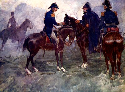 1815年、1905年に戦いが終わって初めて、ブルーチャーとウェリントンは出会いました。 作： A. S. Forrest