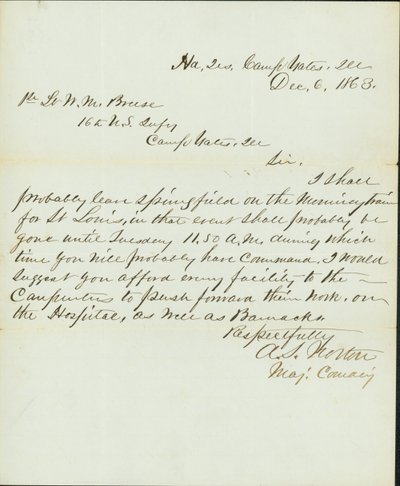 1863年12月6日、イリノイ州キャンプ・イエーツの司令部少佐A.S.ノートンからイリノイ州キャンプ・ゲーツの米国第16歩兵隊W.M.ブリース一等兵への手紙（署名入り 作： A. S. Norton