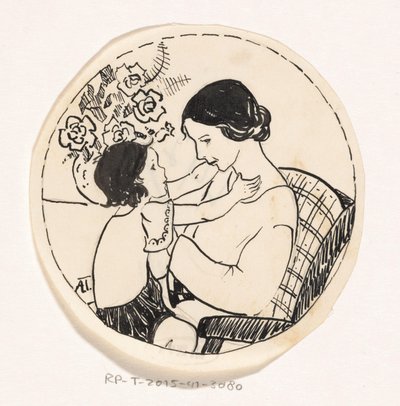 お母さんの膝の上の女の子 作： A. Tinbergen (signed by artist)