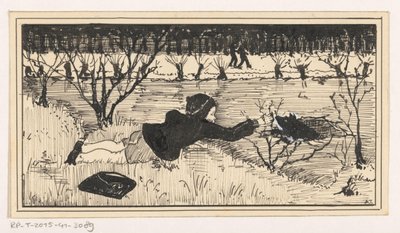 女の子は犬を穴から救おうとする 作： A. Tinbergen (signed by artist)