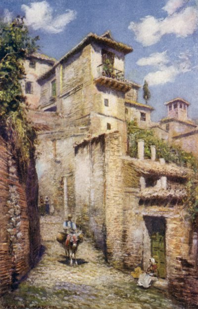 グラナダ、アルバイシンの街並み（カラーリトグラフ 作： A. Trevor Haddon