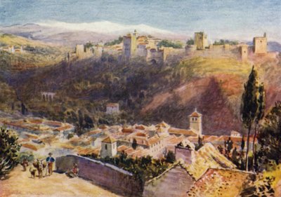 グラナダ、アルハンブラ宮殿の全景（カラーリトグラフ 作： A. Trevor Haddon