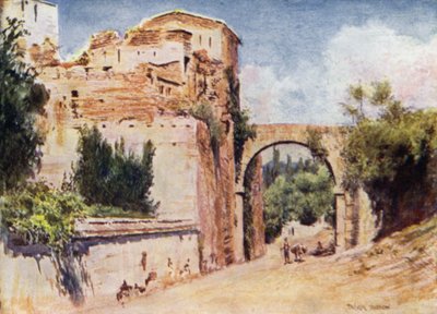 アルハンブラ宮殿、塔、水道橋（カラーリトグラフ 作： A. Trevor Haddon