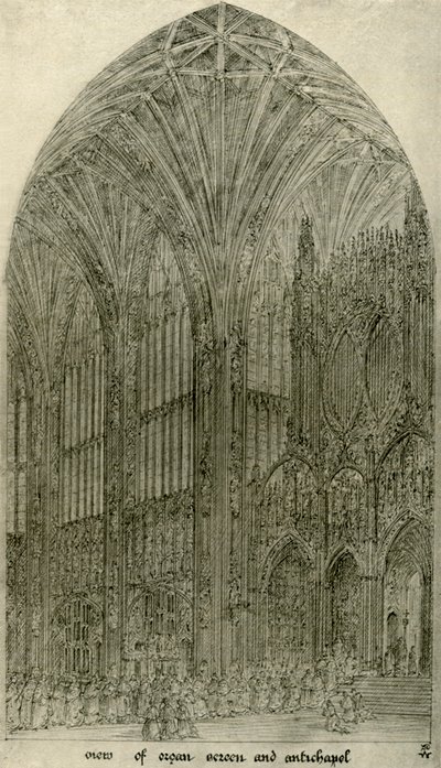 建築図面：オルガンスクリーンと反礼拝堂の眺め、1833-1834、1906。 作： A. W. N. Pugin