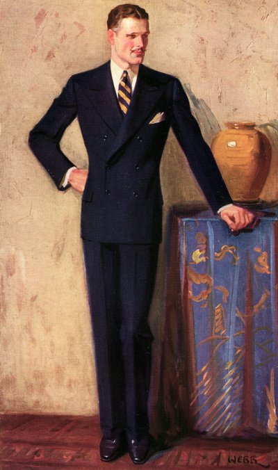 ダブルブレストのスーツを着た男性のイラスト、1925年頃（プリント 作： A. Webb