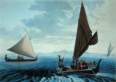 テニアン島の眺め。カロライン諸島のダグアウト・カヌー（1825年に出版されたCoutantの「Voyage Autour du Monde sur les Corvettes de L