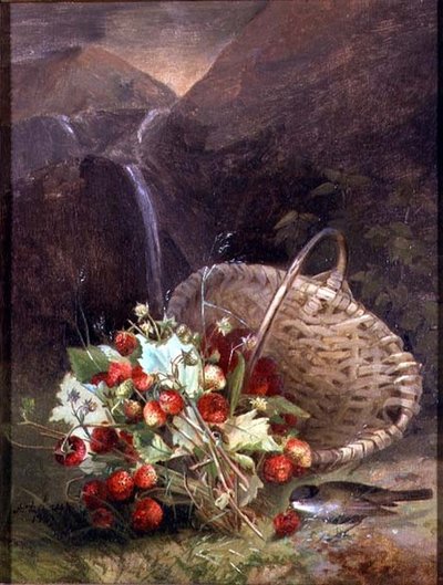 ワイルドストロベリーの束をバスケットに入れて 作： A. de Brus