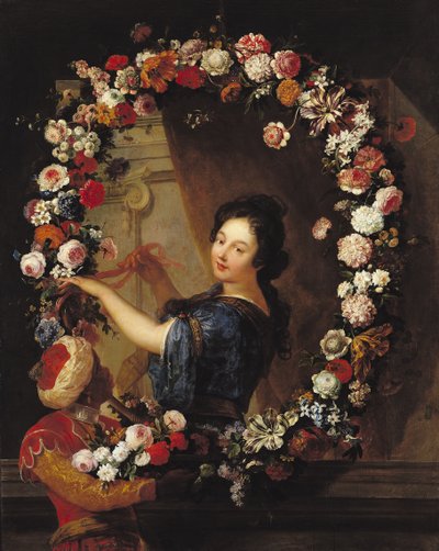 ジュリーダンジャンヌと推定される、花に囲まれた女性の肖像 作： A. de Fontenay
