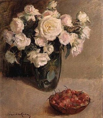 薔薇とさくらんぼの静物画 作： A. van der Kelen