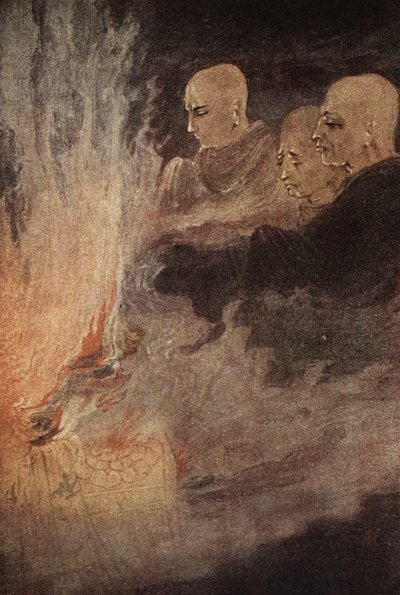 シスター・ニヴェディタとアナンダ・クーマラスワミによる「ヒンズー教徒と仏教徒の神話」からの最終解放のイラスト 作： Abanindranath Tagore