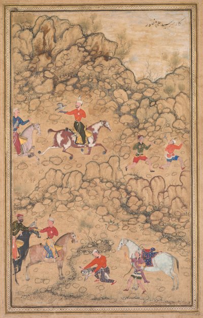 風景の中の鷹との狩猟c。 1558- 1560年、国境はおそらく1700年代を追加しました。 作： Abd al Samad