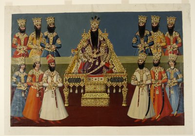またはを追加します。 1239年 ファト・アリ・シャーとその息子たち、中央グループ、かつてニガリスタン宮殿にあったアブダラ・カーンによる偉大な壁画の縮小コピー 作： Abdallah (after) Khan