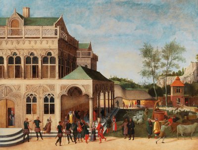 1616年、イサクからレベッカへの提案のあるエレガントなロッジア。 作： Abel Grimmer