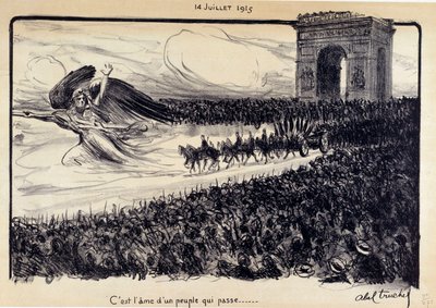 第一次世界大戦：「それは過ぎ去った人々の魂である」1915年7月14日の祝賀会。パリの凱旋門の前で民衆を導くレピュブリックの寓意。アベル・トルシェ（1857-1918）によるドローイング 作： Abel Truchet