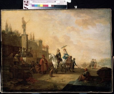 ""Travellers on horseback"" (Riders) 中東の風景を旅する家族。 Abraham Begeyn (1637-1697) による絵画 17 世紀 Mikhail Kroshitsky Art Museum、Sevastopol (Sevastopol) ウクライナ 作： Abraham Jansz Begeyn
